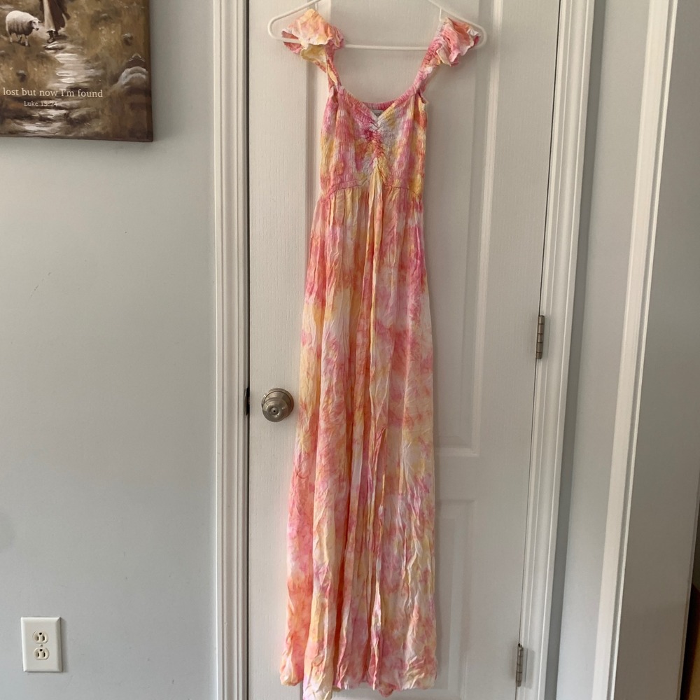 Tiare Hawaii Tie Dye Maxi Dress Pink Orange Yellow Smocked Ruffle Slit O/S